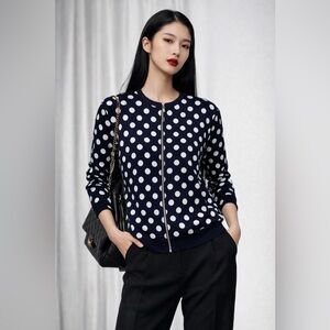 K-Fashion Star Girl Polka Dot Zip Jacket Cardigan Navy White Small Spring Summer